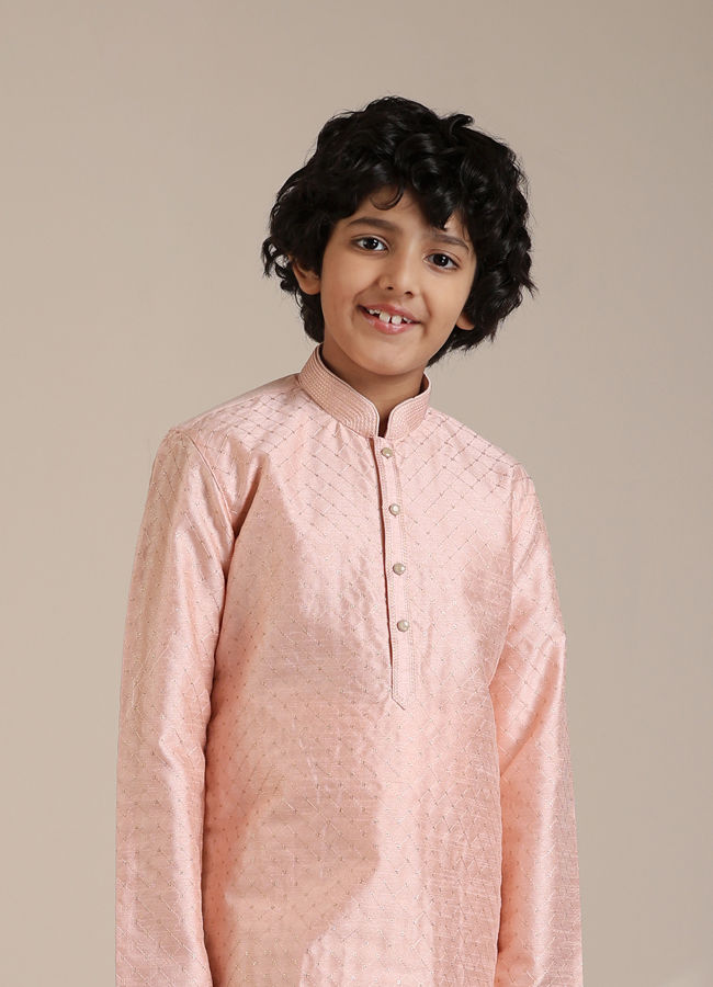 Manyavar-Boys-Peach-Jaal-Patterned-Kurta-Set