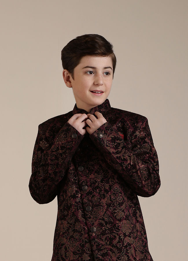 Manyavar-Boys-Wine-Bel-Buti-Patterned-Indo-Western-Set