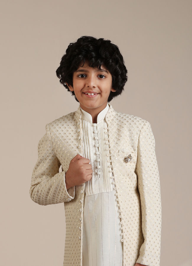 Manyavar-Boys-Cream-Self-Patterned-Indo-Western-Set-with-Mirror-work