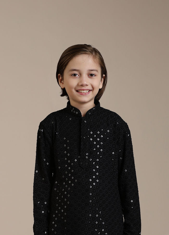 Manyavar-Boys-Black-Sequinned-Chikankari-Kurta-Set