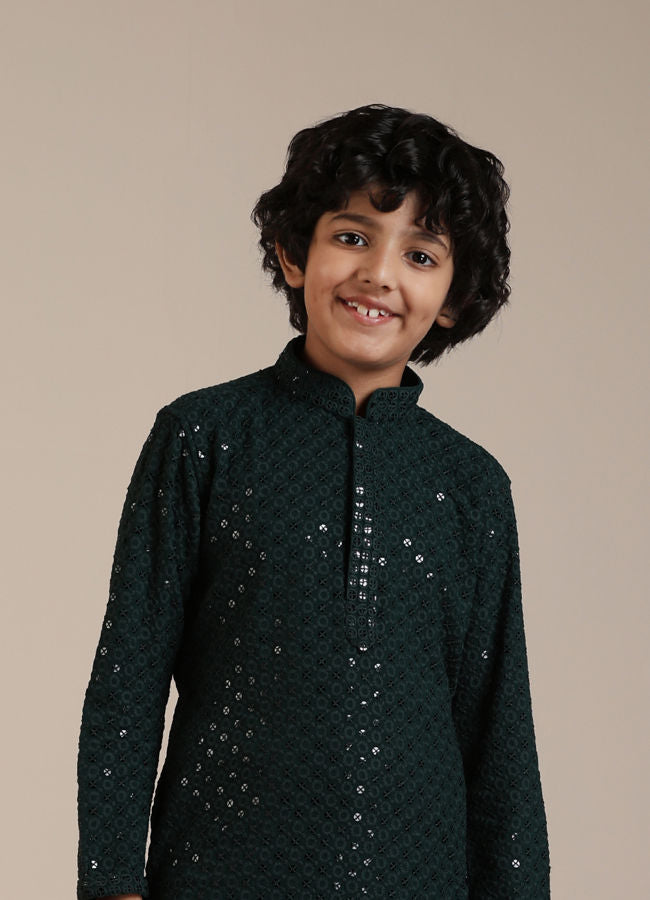 Manyavar-Boys-Dark-Green-Sequinned-Chikankari-Kurta-Set