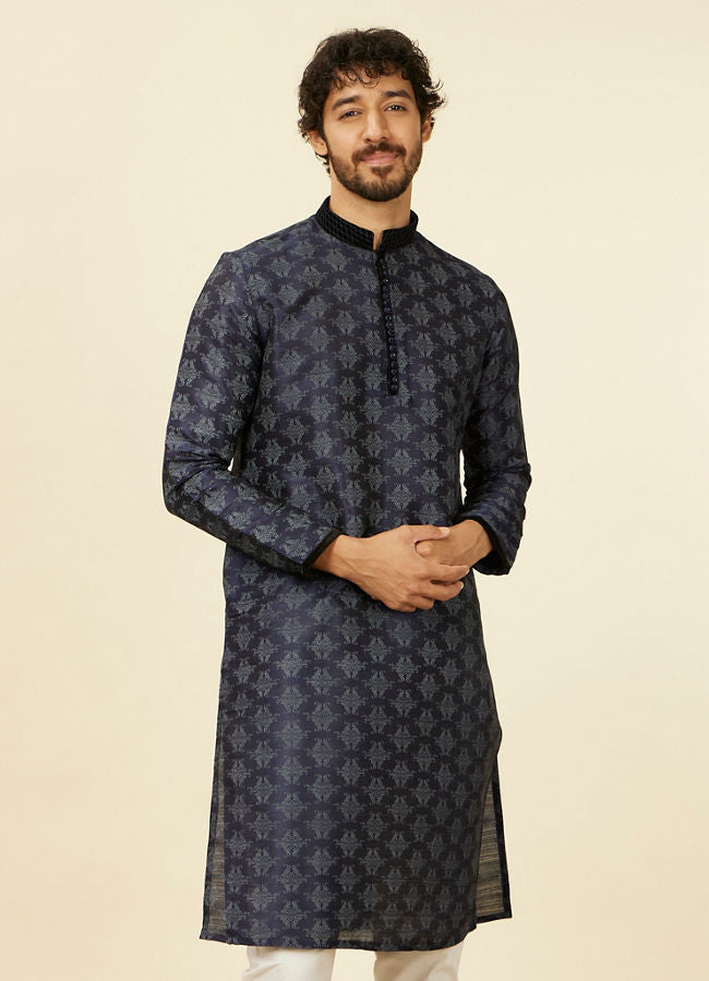 Manyawar Dark Blue Kurta Set With Black Collar And Cuff