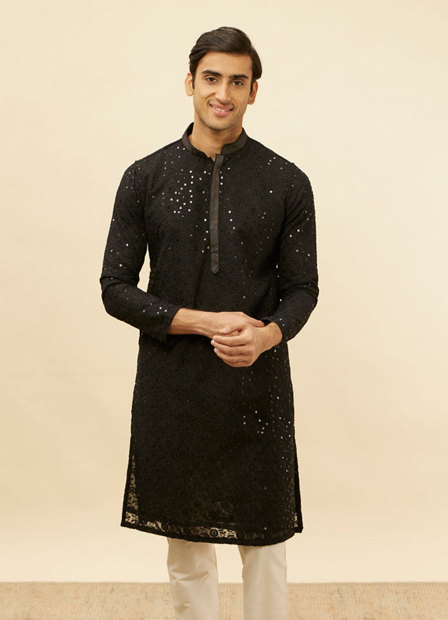 Manyawar Jet Black Chikankari Sequinned Kurta Set