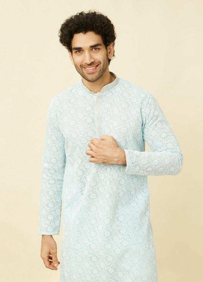 Manyawar Tropical Blue Floral Chikankari Embroidered Kurta Set