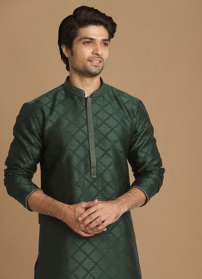 Manyawar Bottle Green Jacquard Kurta Pajama