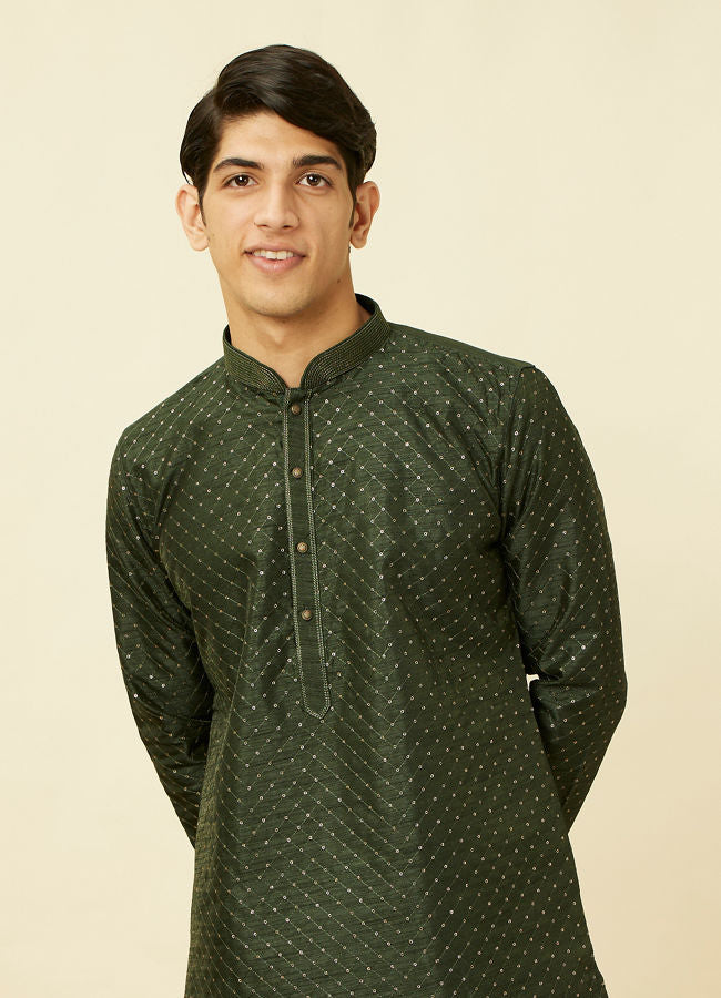 Manyawar Dark Green Lattice Patterned Sequined Kurta Set