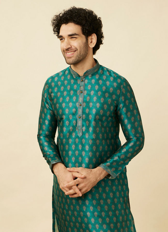 Manyawar Metallic Green Floral Buta Printed Kurta Set