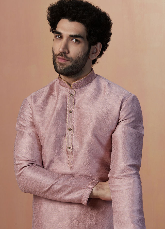 Manyawar Salmon Pink Jacquard Kurta Pajama - India shopping