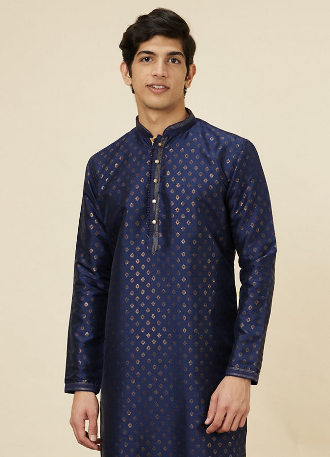 Manyawar Navy Blue Shankh Patterned Kurta Set