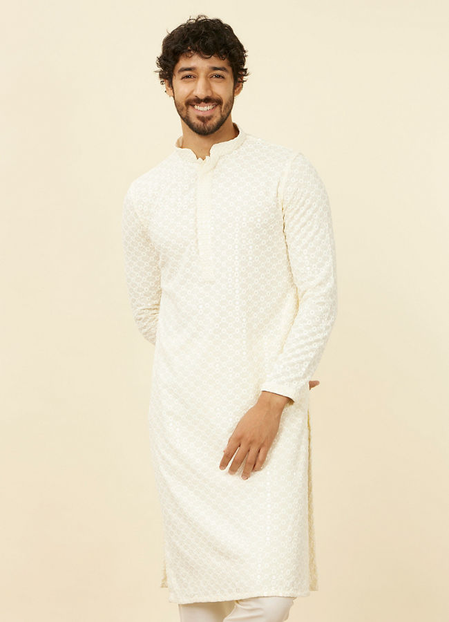 Manyawar Soft Cream Chikankari Kurta Set - India shopping