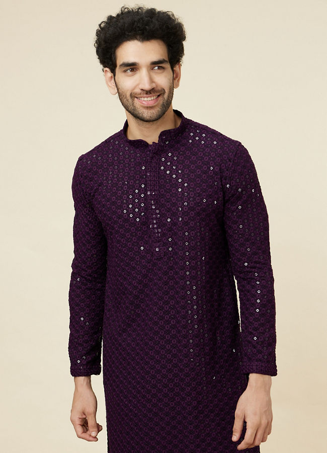 Manyawar Jamun Purple Sequin Embellished Chikankari Kurta Set