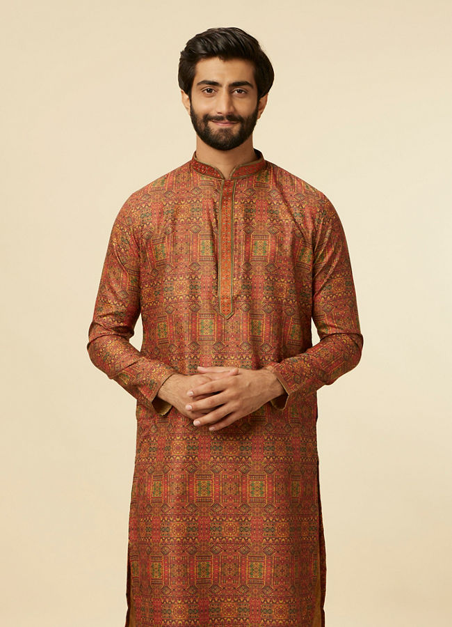 Manyawar Rust Red Multi-coloured Printed Kurta Set