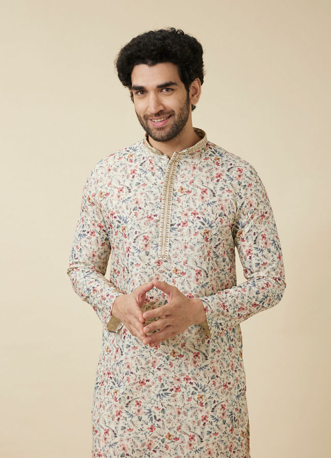 Manyawar Pristine White Floral Printed Kurta Set