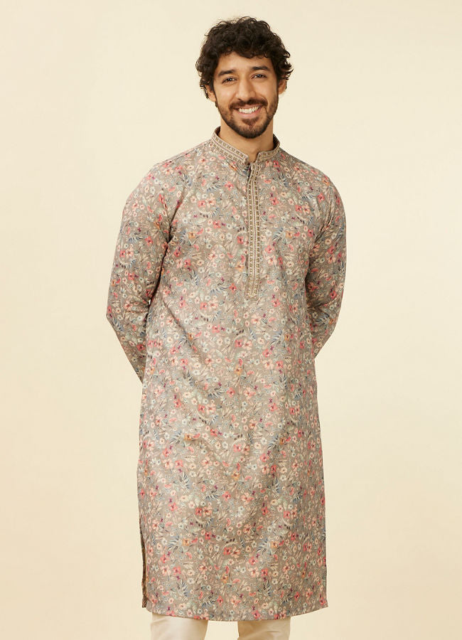 Manyawar Dark Grey Floral Printed Kurta Set