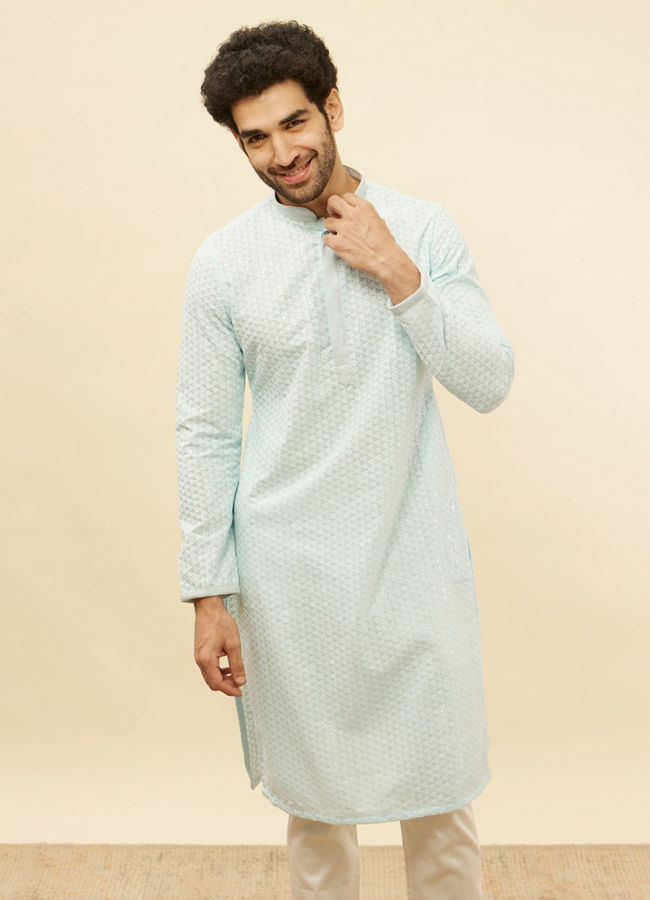 Manyawar Powder Blue Chikankari Sequinned Kurta Set