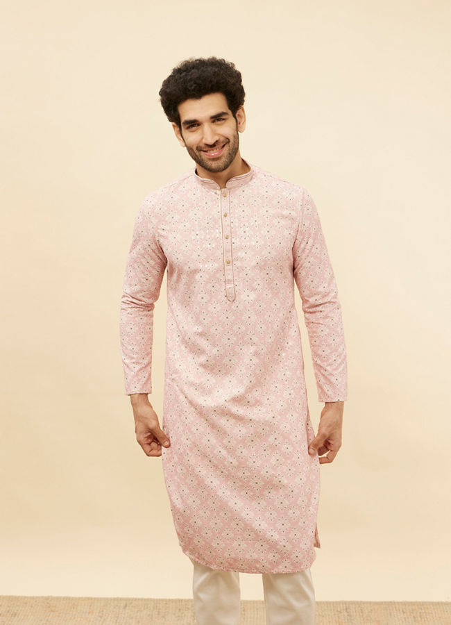 Manyawar Rose Pink Medallion Print Sequinned Kurta Set