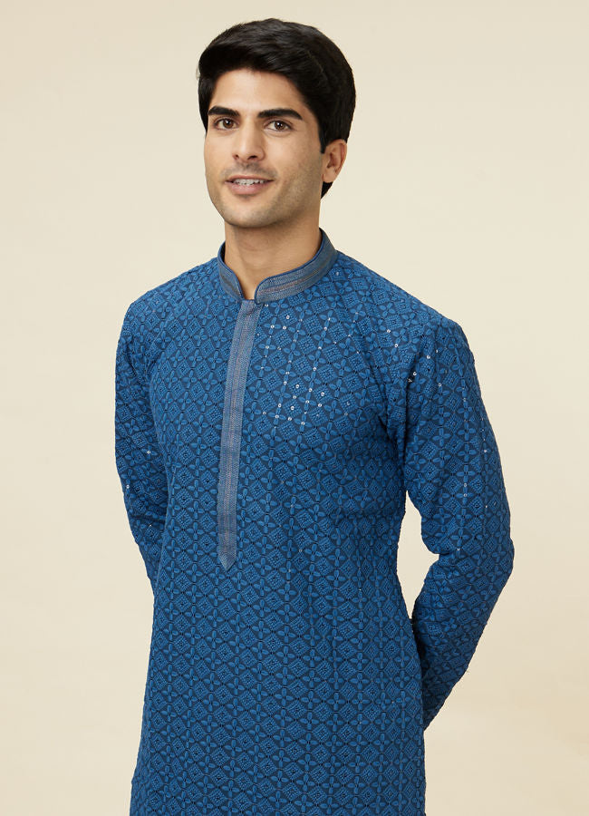 Manyawar Teal Blue Floral Chikankari Embroidered Kurta Set - India shopping