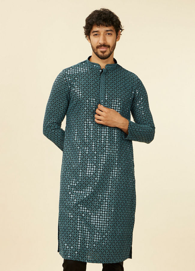 Manyawar Teal Blue Chikankari Kurta Set