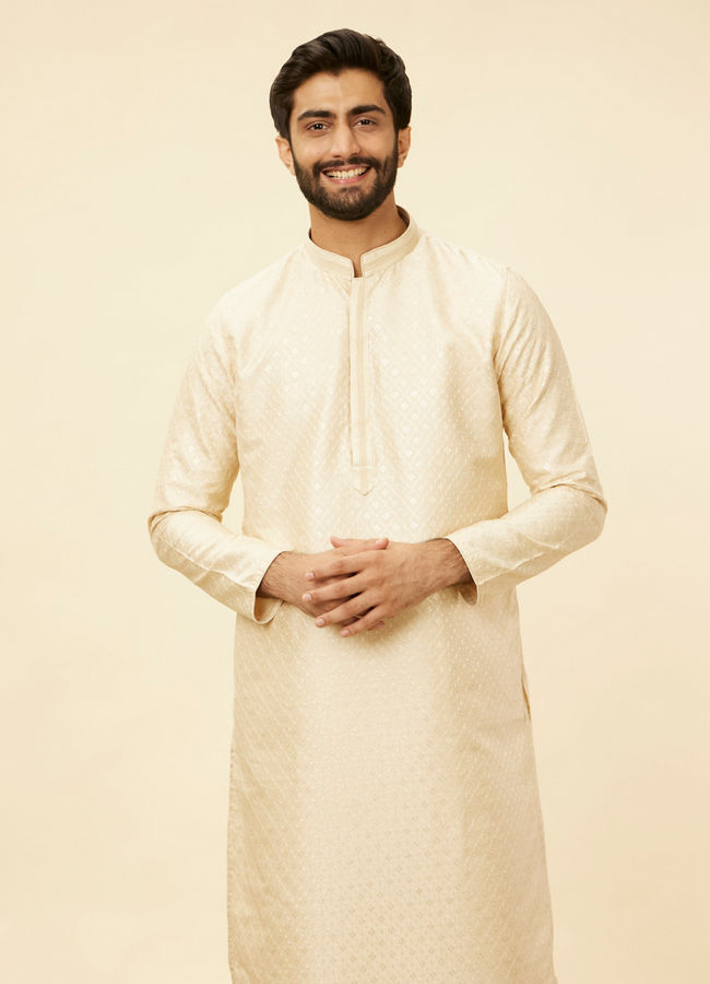 Manyawar Golden Beige Floral Jaal Patterned Kurta Set - India shopping