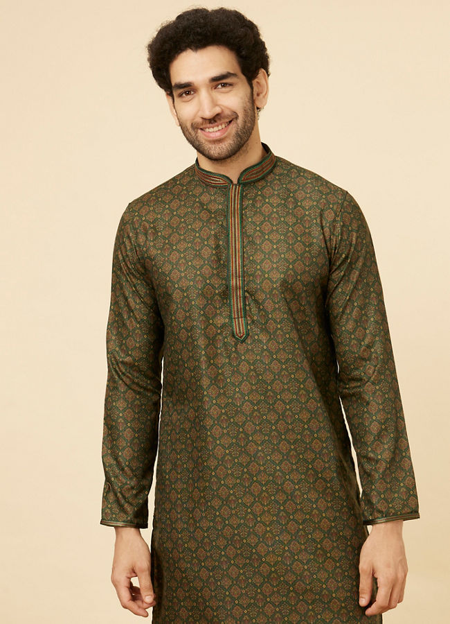 Manyawar Forest Green Floral Jaal Patterned Kurta Set - India shopping