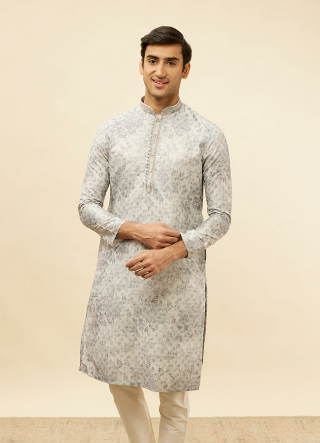 Manyawar Cloud Grey Abstract Print Foil Work Kurta Set