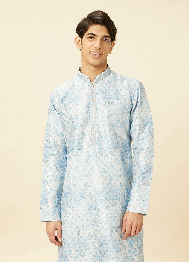 Manyawar Aquamarine Blue Watercolor Effect Printed Kurta Set