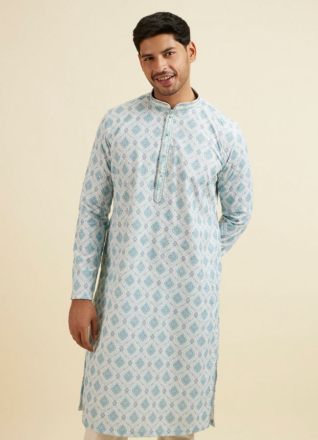 Manyawar Light Blue Jaal and Medallion Patterned Kurta Set