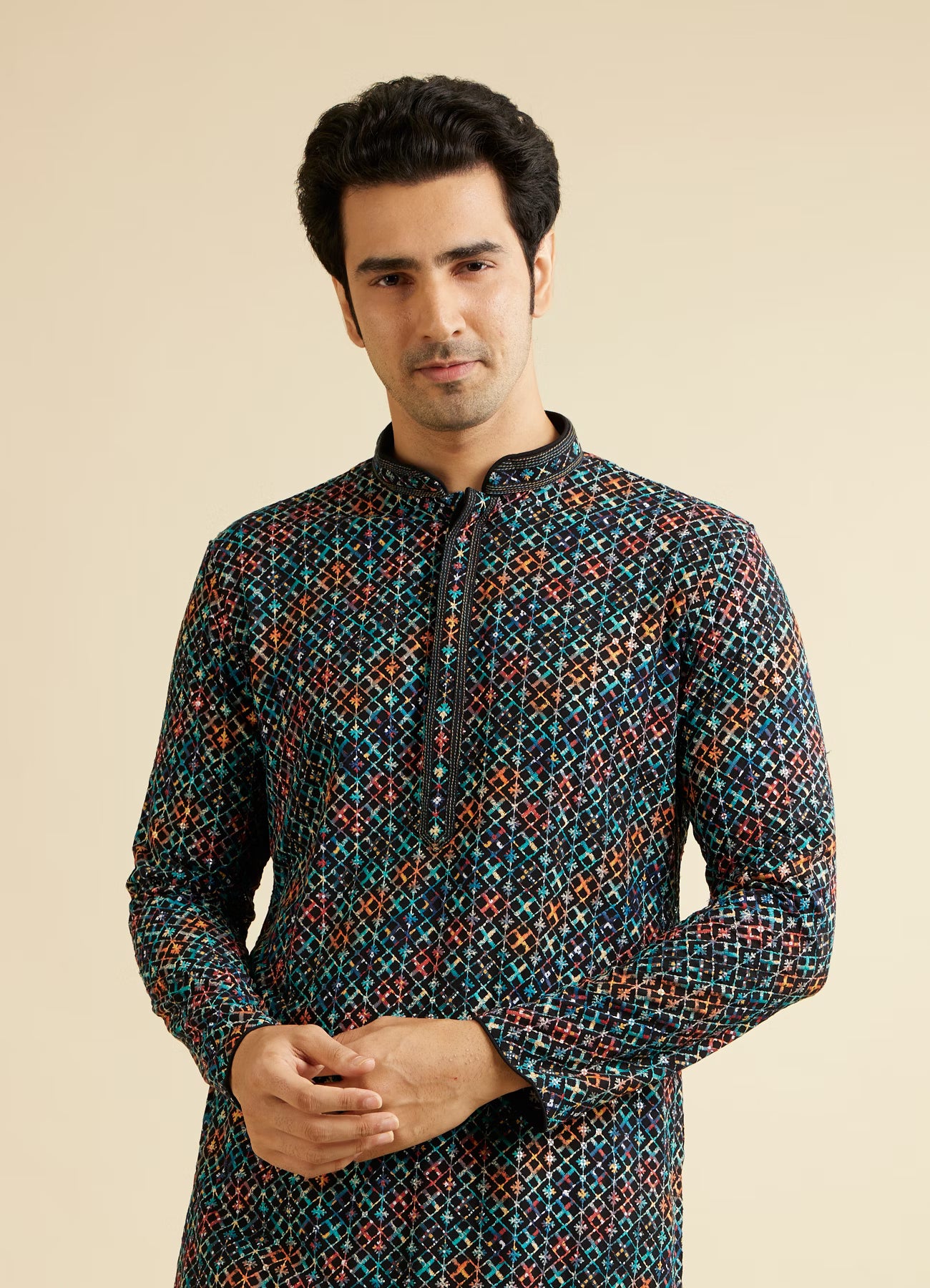 Manyavar Black & Aqua Green Chikankari Grid Print Kurta Set | Ready To Wear