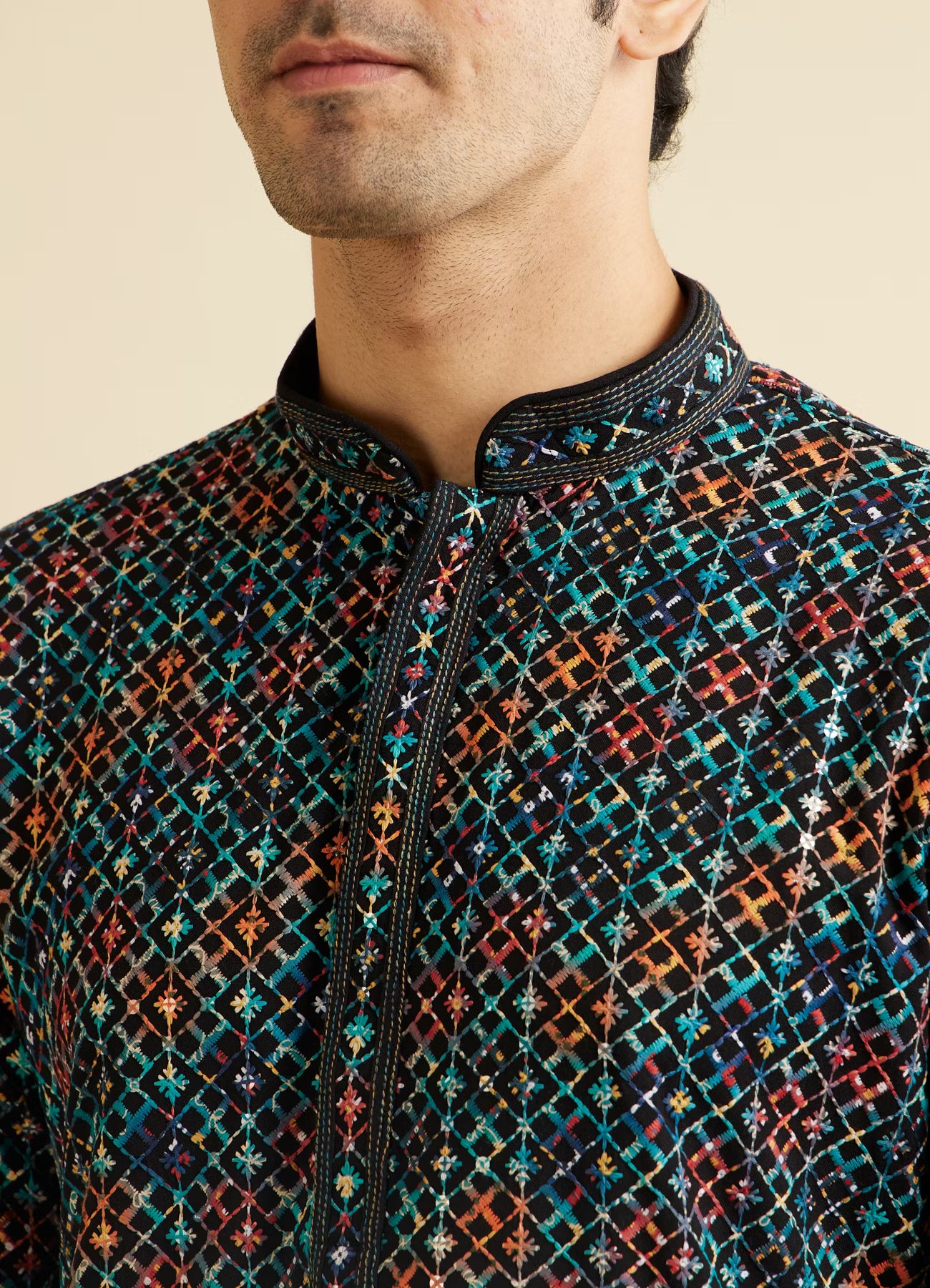 Manyavar Black & Aqua Green Chikankari Grid Print Kurta Set | Ready To Wear