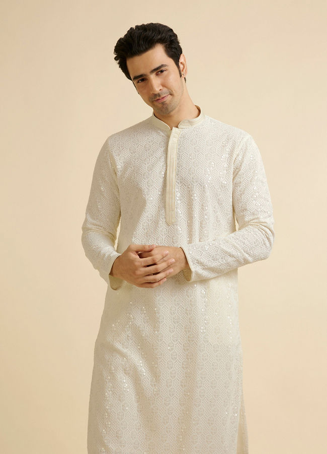 Manyawar Ivory Cream Chikankari Embroidered Kurta Set