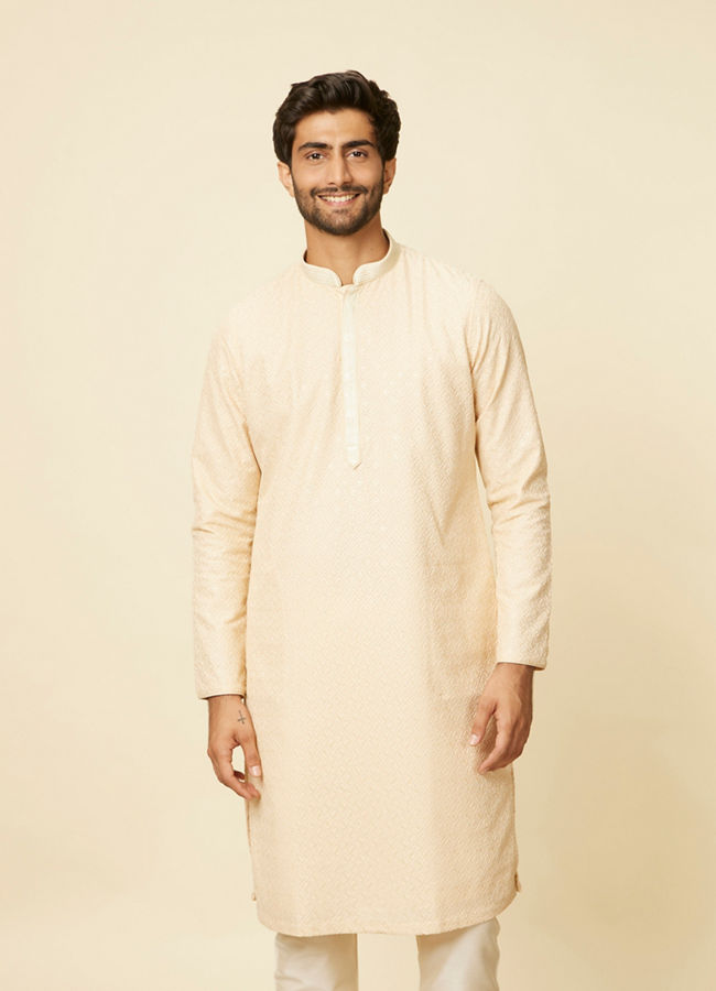 Manyawar Sand Beige Grid Patterned Chikankari Kurta Set