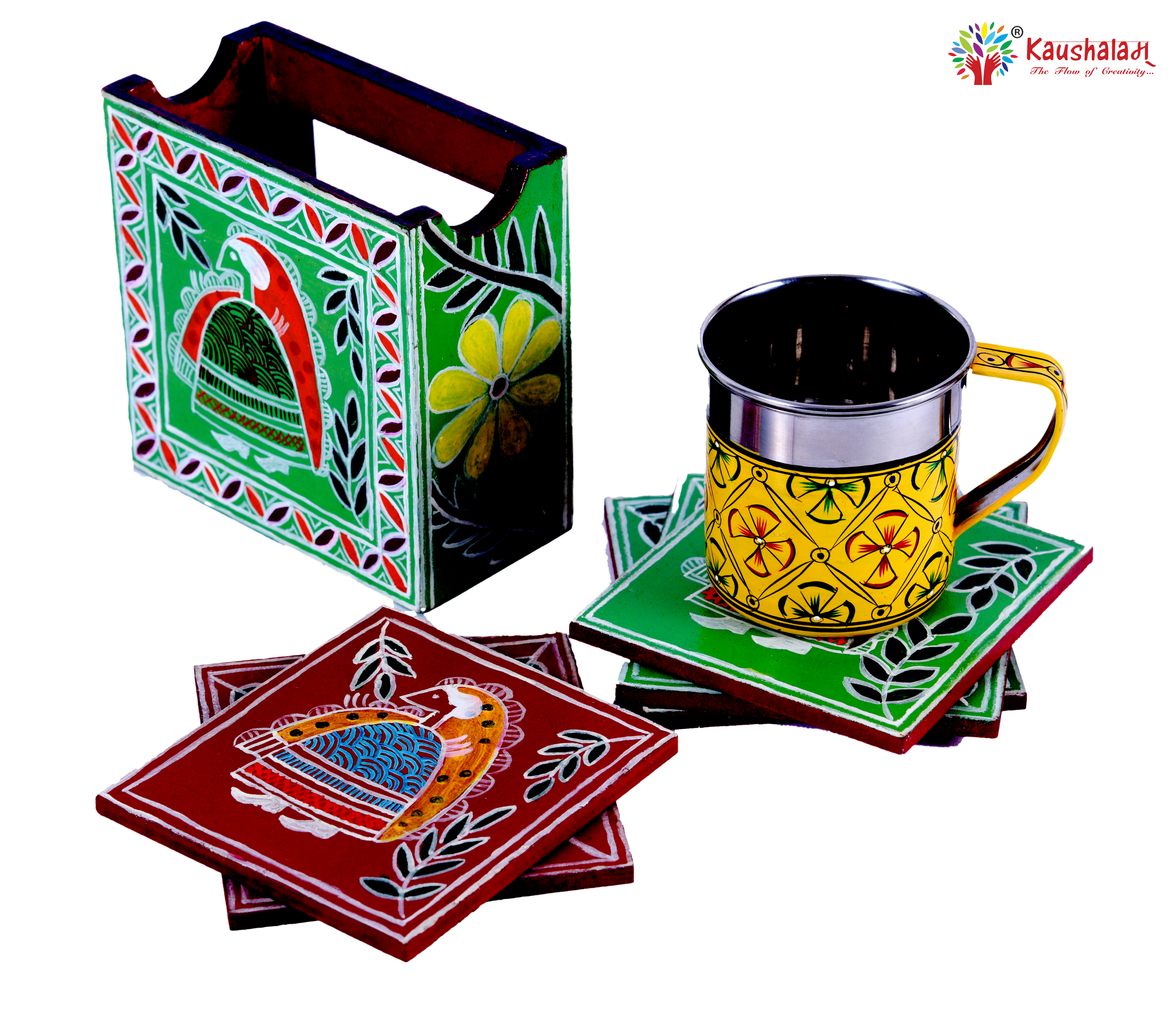 Hand Painted Madhubani Coasters set of 6 with holder - Red & Green Doll