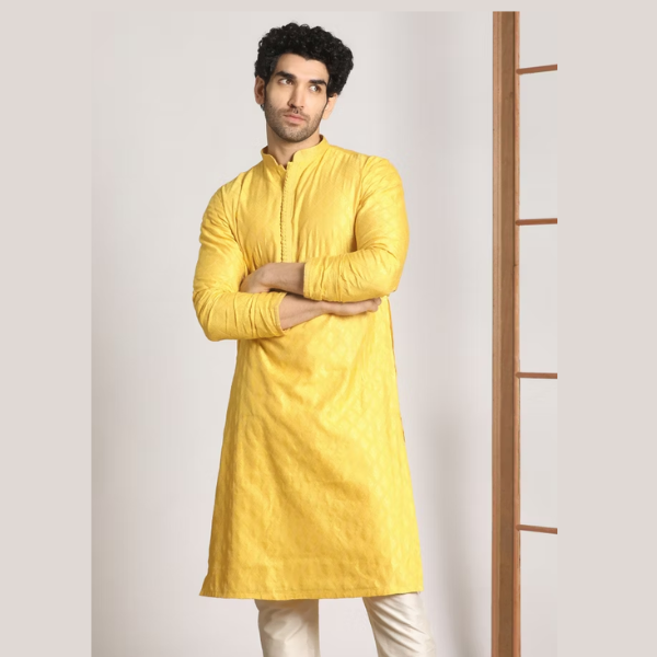 Manyawar Canary Yellow Self Design Kurta Pajama