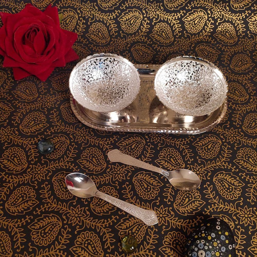 Charpoys German silver 2 pcs bowl set with spoon & tray