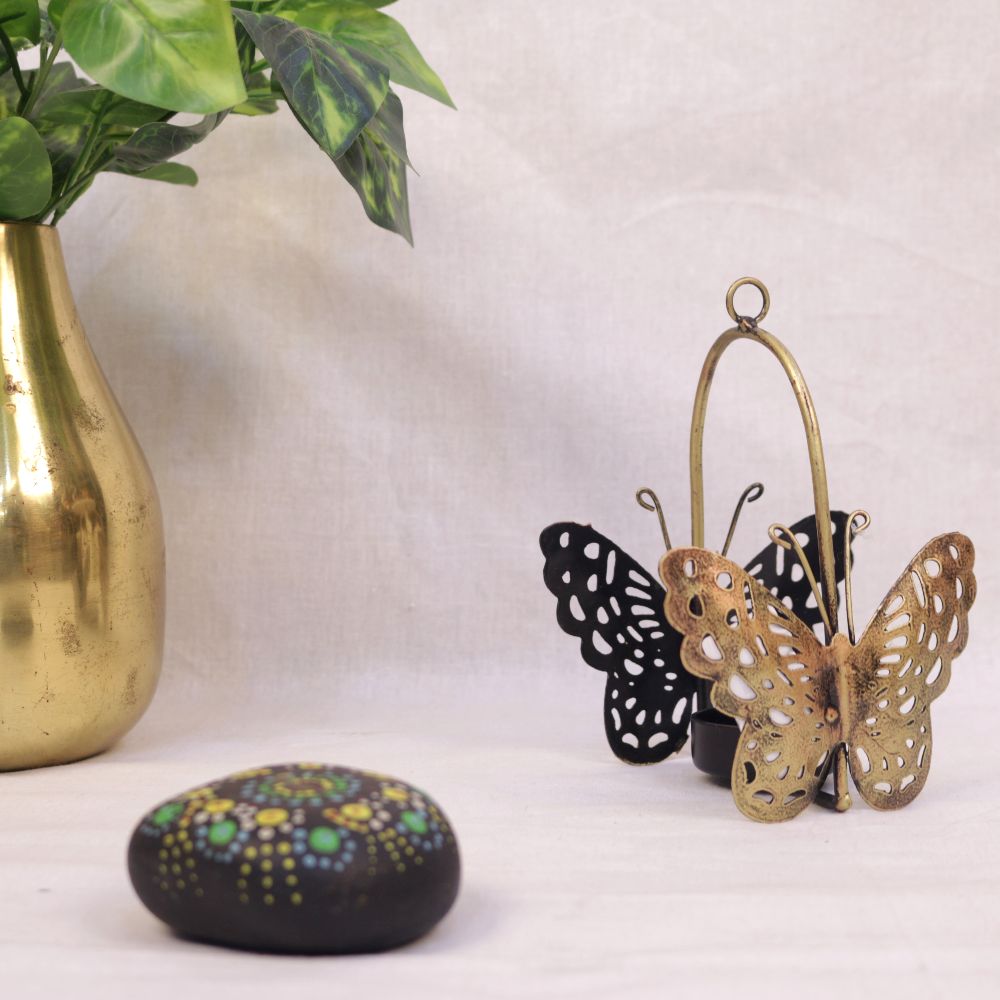 Charpoys Iron painted tea light 2 butterfly