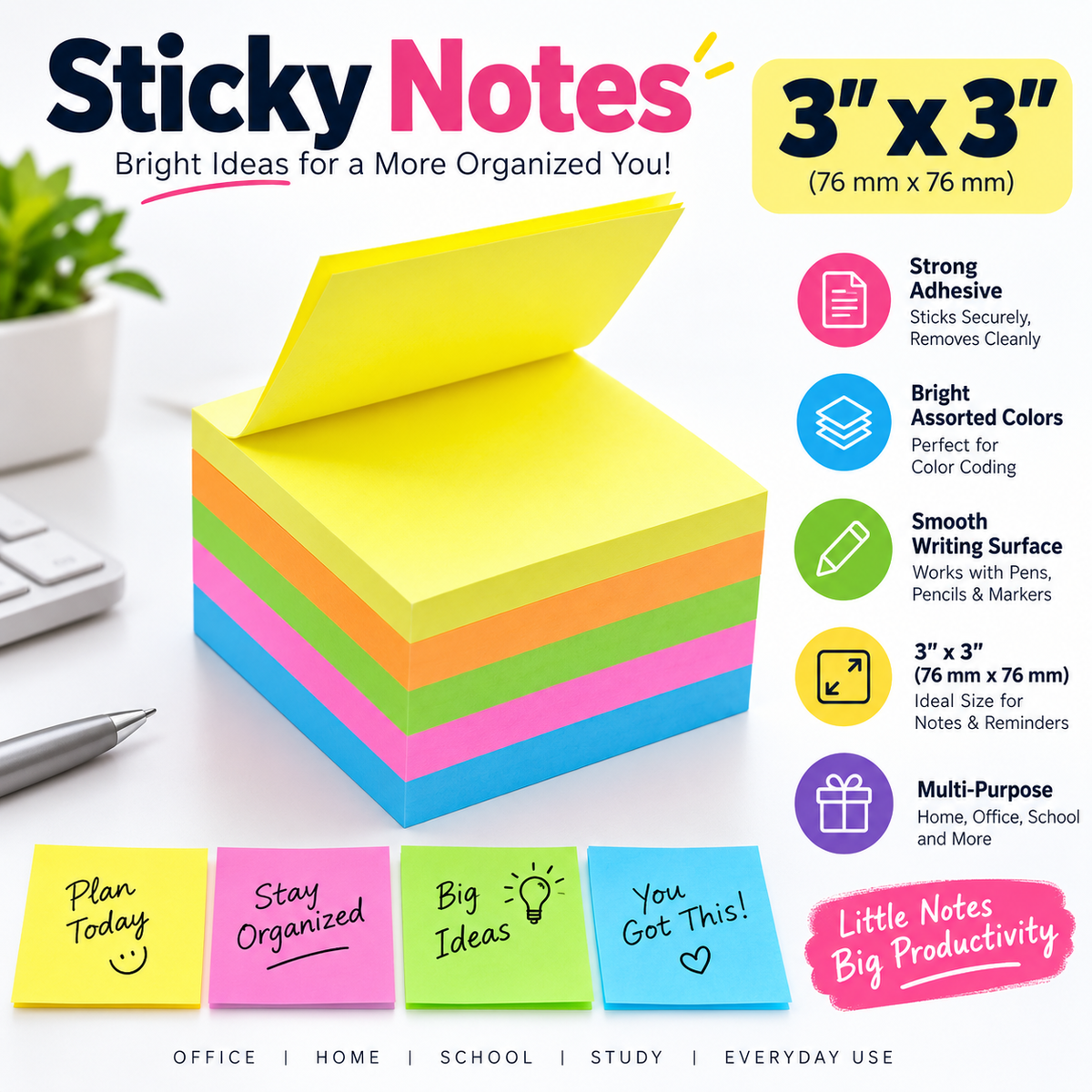 Colorful Sticky Notes Pad – Self-Adhesive Memo Notes for Office, School & Home (3" x 3")