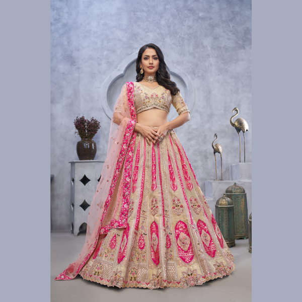 Beautiful Blush Bloom Wedding Lehenga Choli With Soft Net Dupatta | Ready To Wear