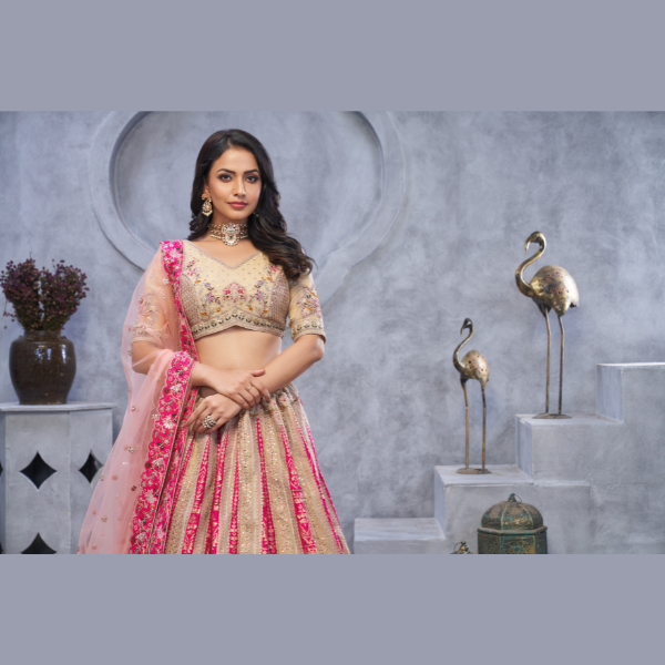 Beautiful Blush Bloom Wedding Lehenga Choli With Soft Net Dupatta | Ready To Wear