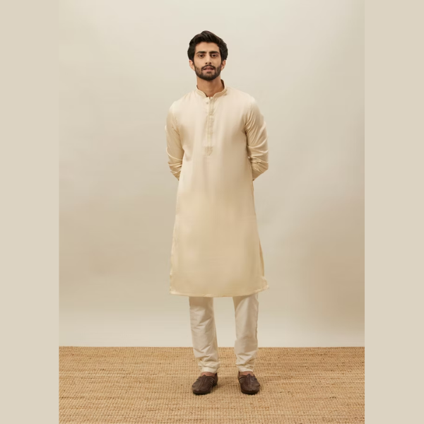 Manyawar Cloud Cream Embroidered Bandhgala Kurta Set