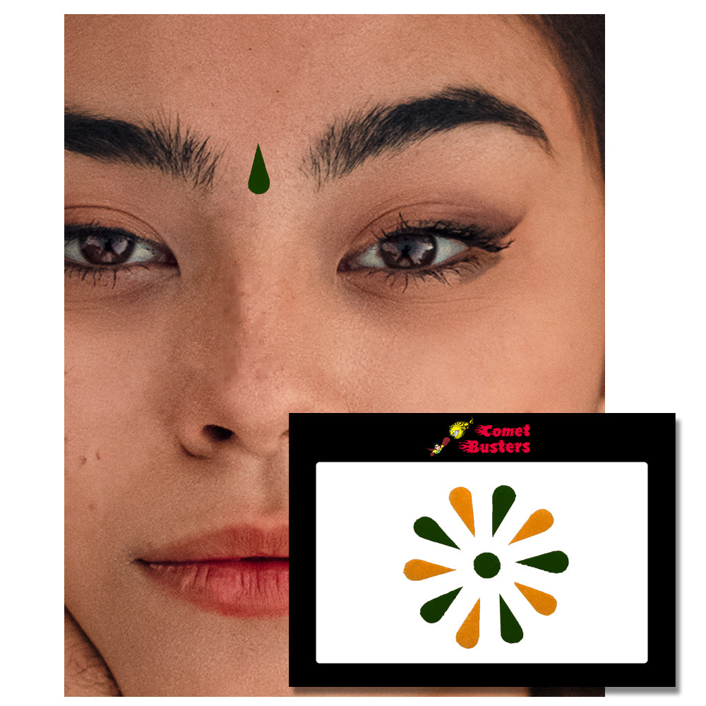 Comet Busters Traditional Green and Yellow Tear Drop Bindis (10mm) (BIN1493)