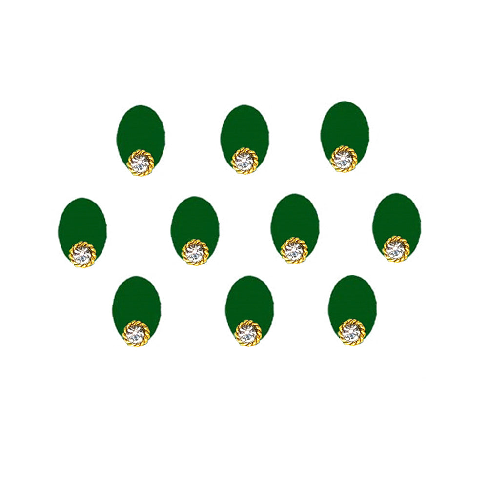 Comet Busters Velvet Green Oval Bindi With Diamond Dot (9mm) (BIN1753)