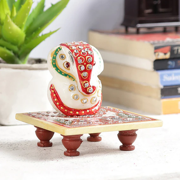 Crafticia Marble Ganesha Idol On Chowki Showpiece