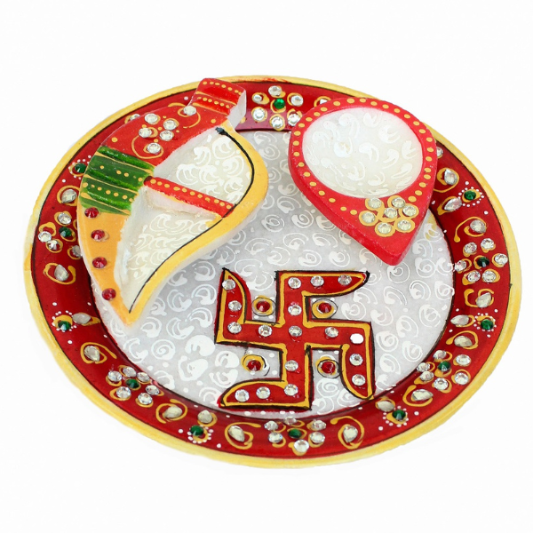 Crafticia Marble Diya & Chopda With Handmade Pooja Platter