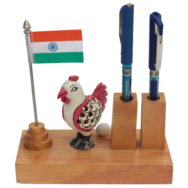 Craved Pen Stand With Hen and Indian Flag