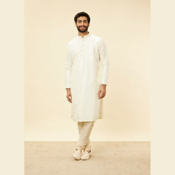 Manyawar Cream Diamond String Patterned Kurta Set - India shopping