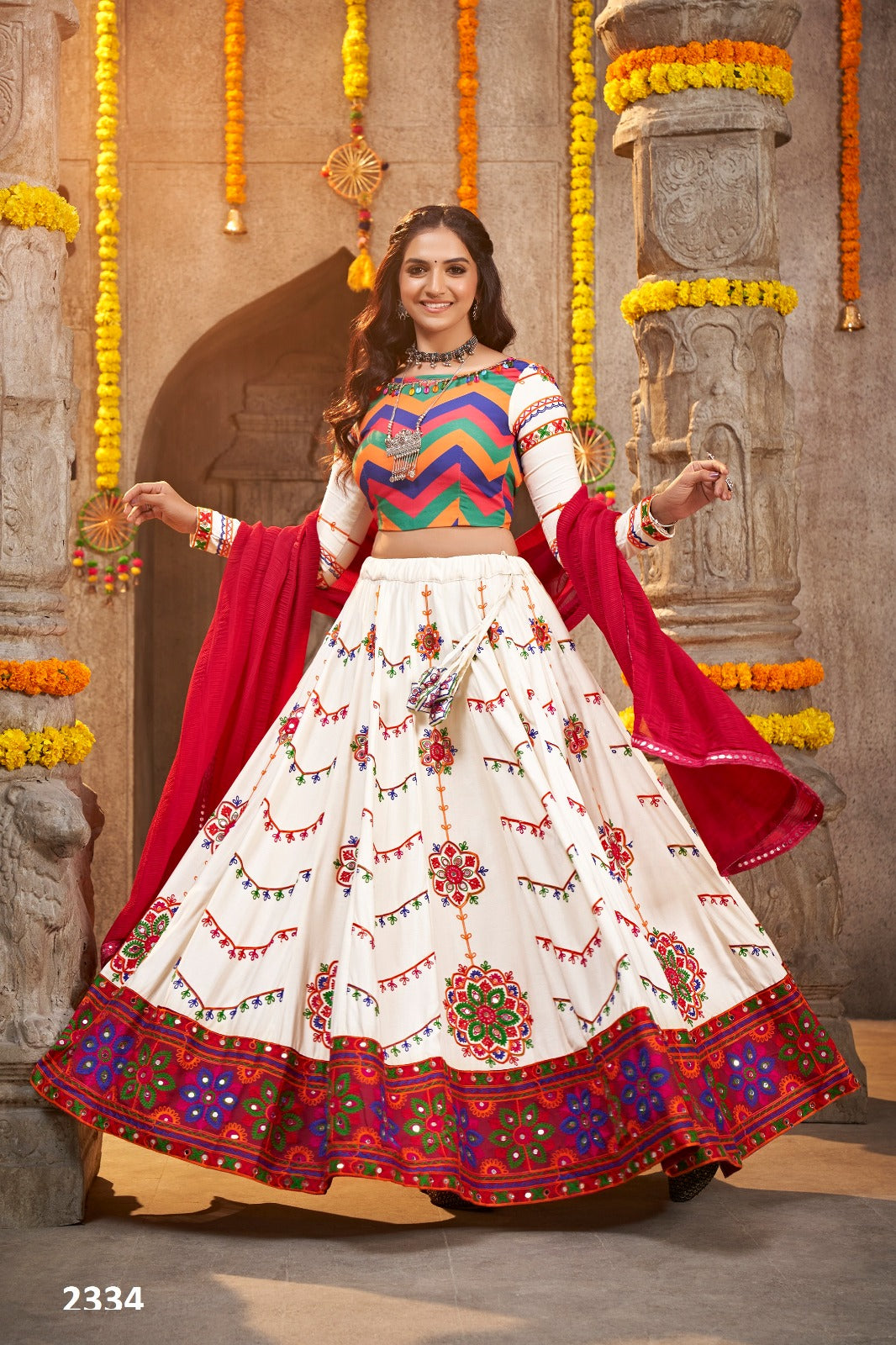 White Rayon Chaniya Choli For Navratri Garba Festivals (6 Meter Flair) - Print Work, Thread Embroidery Work, Mirror Work