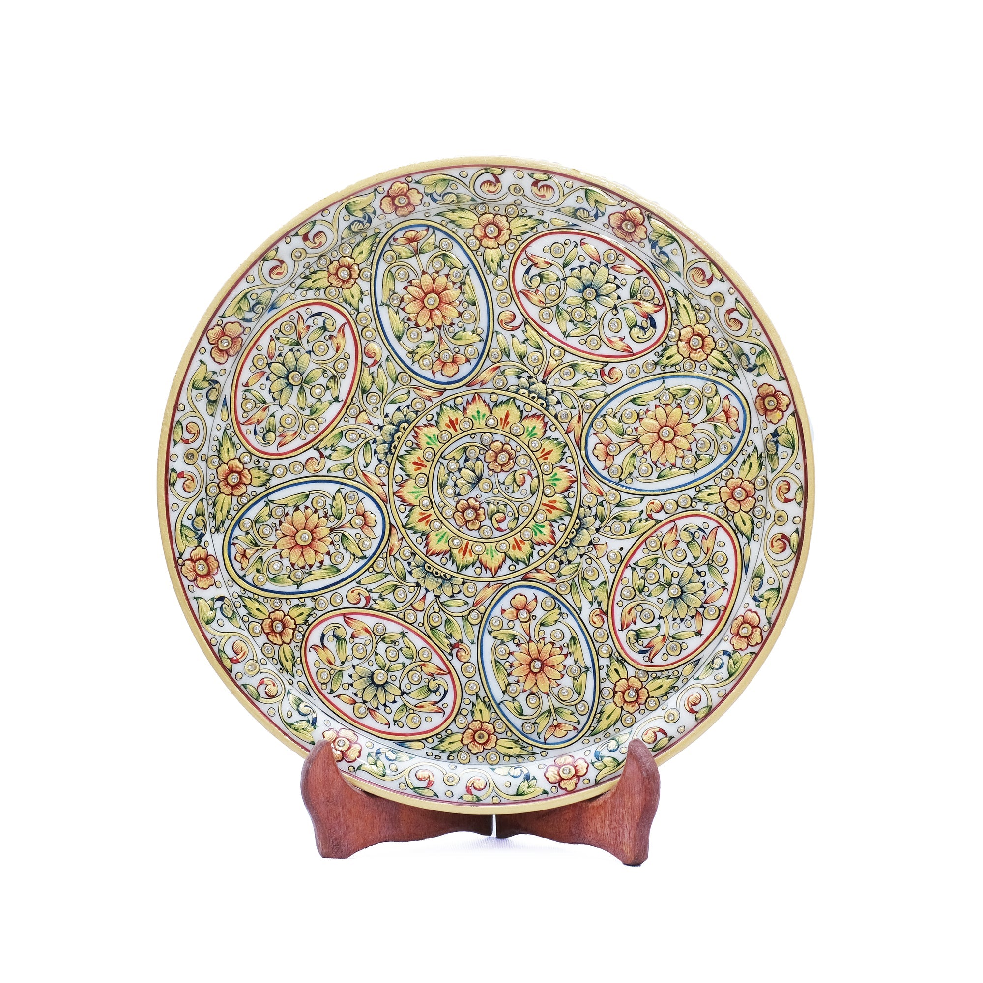 Marble Display Plate with Stand | Round Shaped Minakari Handpainted Display Plate - 2 x 12 x 12 inches