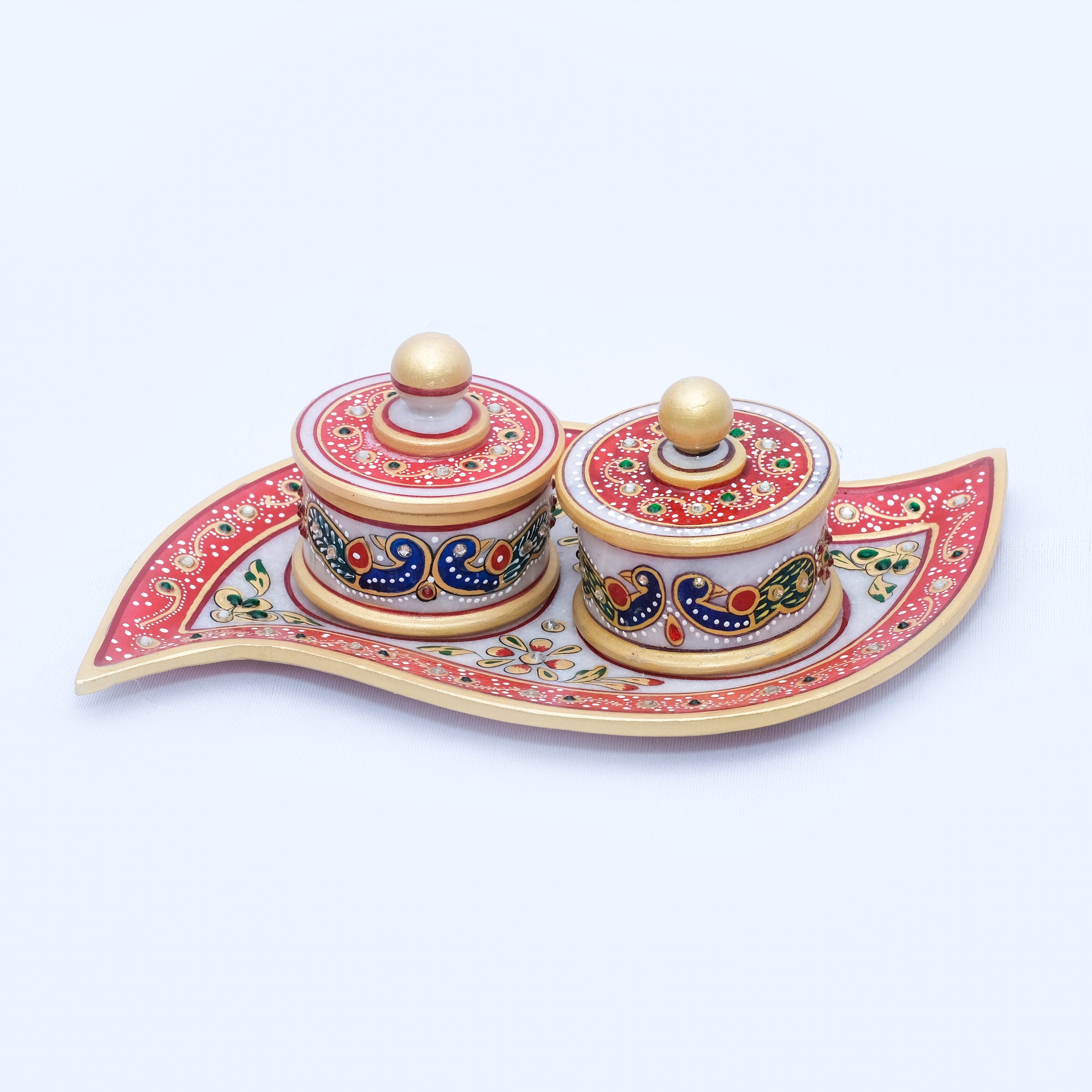 Marble Tray Set with 2 Round Boxes Leaf-shaped Minakari Handpainted Tray with Two Round Boxes - 3 x 11 x 6 inches