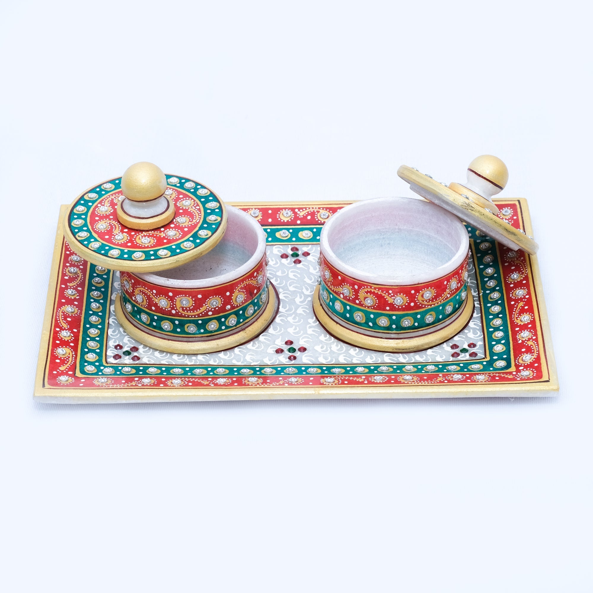 Marble Tray Set with 2 Round Boxes Rectangle Shaped Minakari Handpainted Tray Set with 2 Round Boxes - 3 x 6 x 2 inches