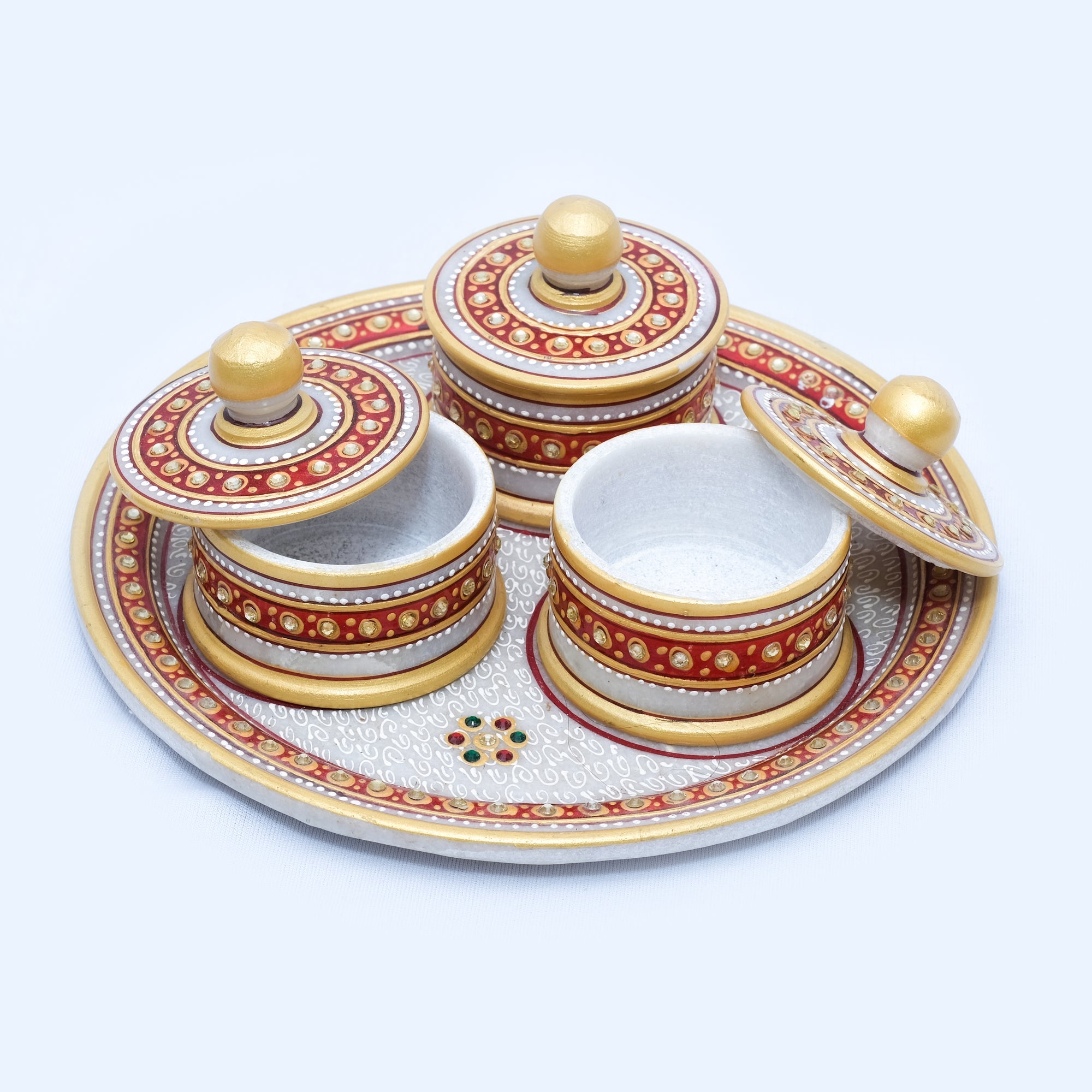 Tray Set with 3 Round Boxes| Round-shaped Minakari Handpainted Tray with 3 Round Boxes (Intricate artwork in gold, white and red with kundan work) - 3 x 9 x 9 inches